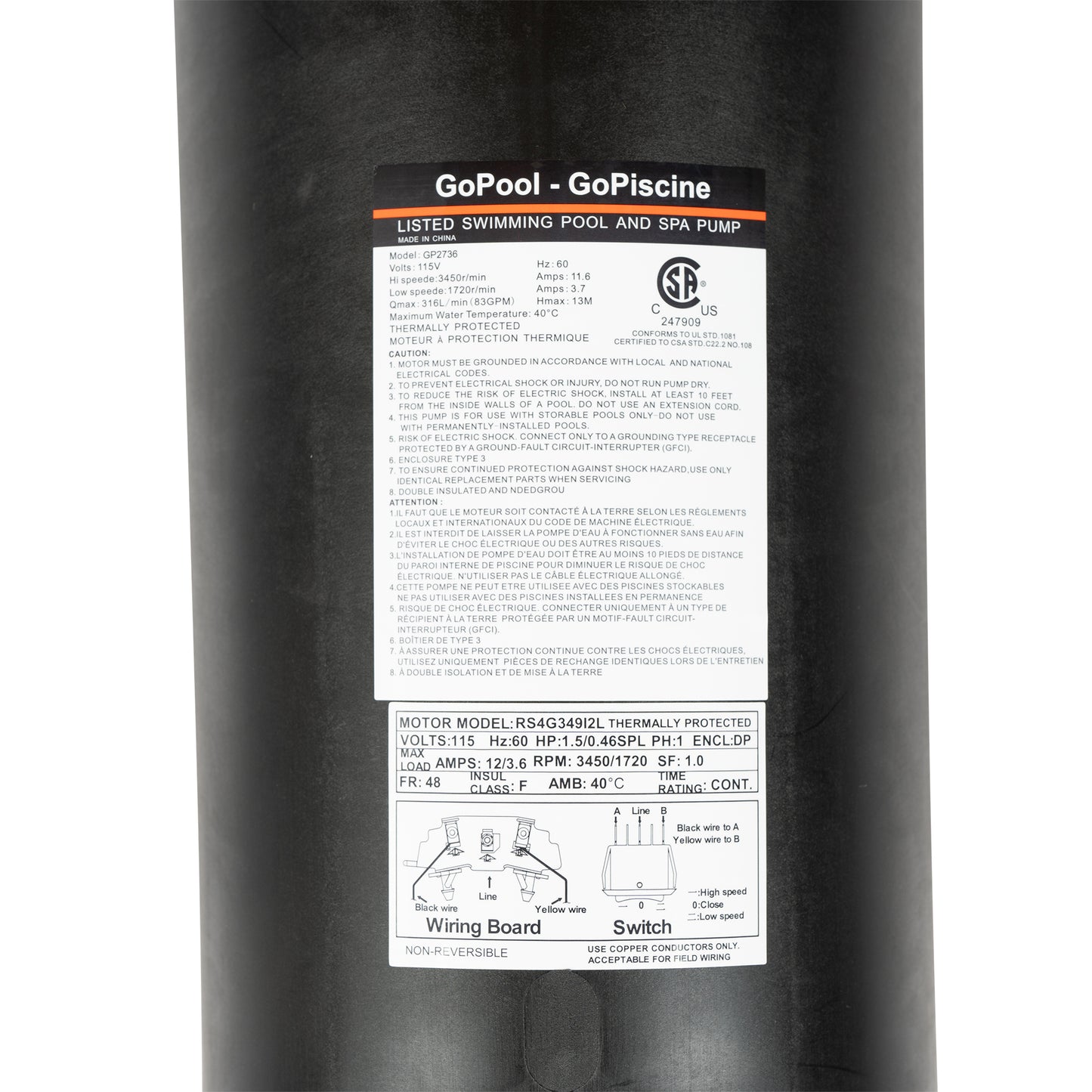 Bomba para piscinas elevadas GoPool AG1 de 1,5 HP y 2 velocidades