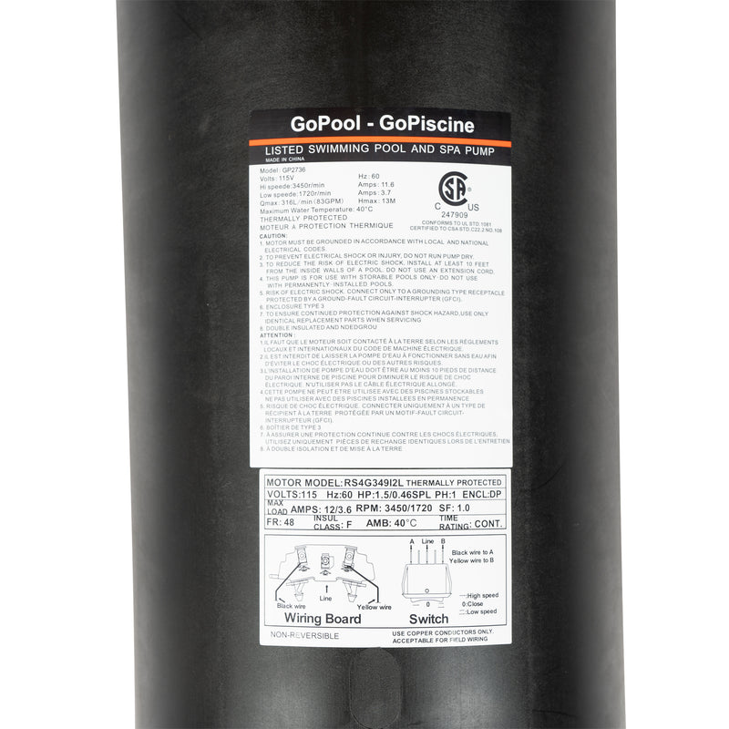 Bomba para piscinas elevadas GoPool AG1 de 1,5 HP y 2 velocidades